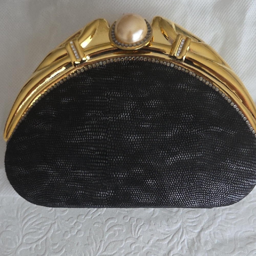 NWT Chic Black and Gold plated Clutch with Rhinestones & Pearl Accent